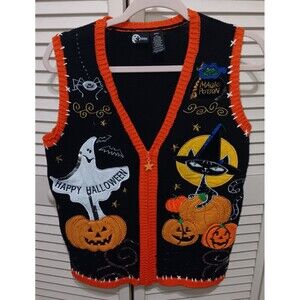 Holiday Editions Halloween Women's Sequin Knit Sweater Vest SMALLE Zip Up 90s